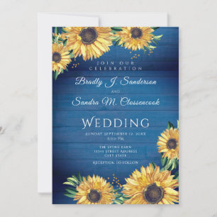 Invitation Rustique Chic Sunflower Marine Mariage en bois ble