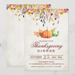 Invitation Rustique Citrouille Automne Thanksgiving Dîner Inv