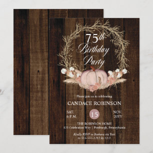 Invitation Rustique Citrouille Pampas Wreath 75e fête d'anniv