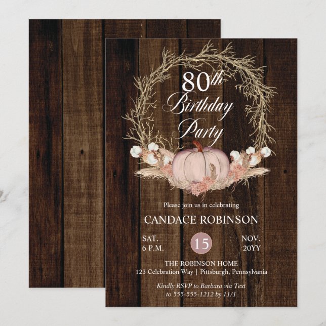Invitation Rustique Citrouille Pampas Wreath 80e fête d'anniv (Devant / Derrière)