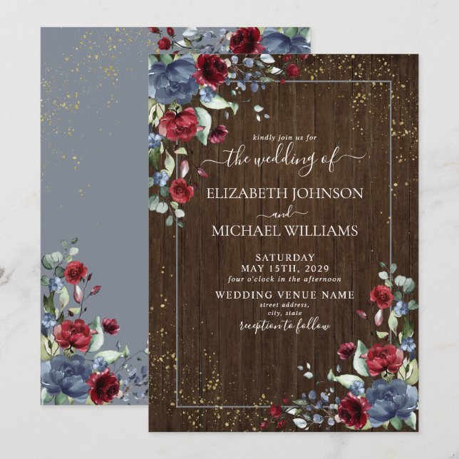 Invitation Rustique clair Dusty bleu Bourgogne Bois Floral (Devant / Derrière)