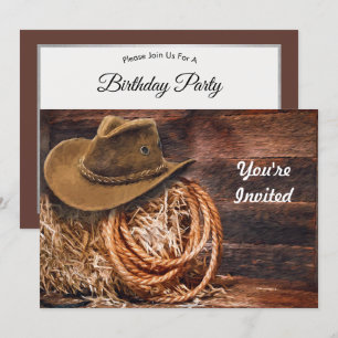 Invitation Rustique Cowboy Casquette Rope Hay Photo Anniversa