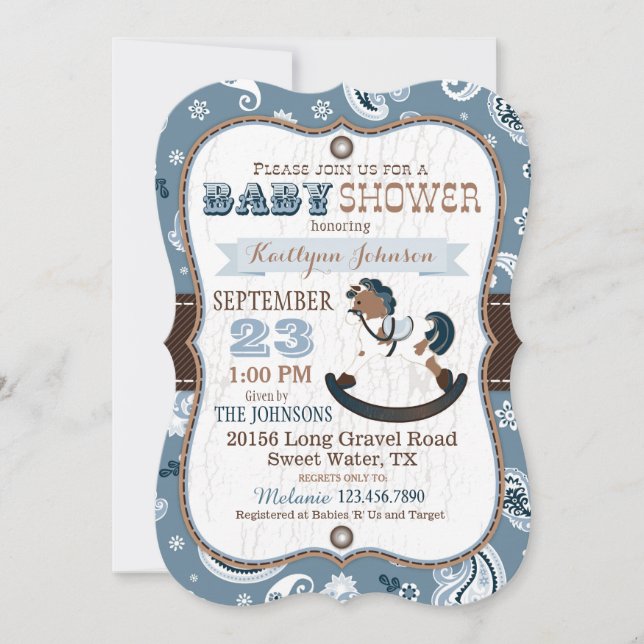 Invitation Rustique Cowboy Western Rocse Baby shower (Devant)