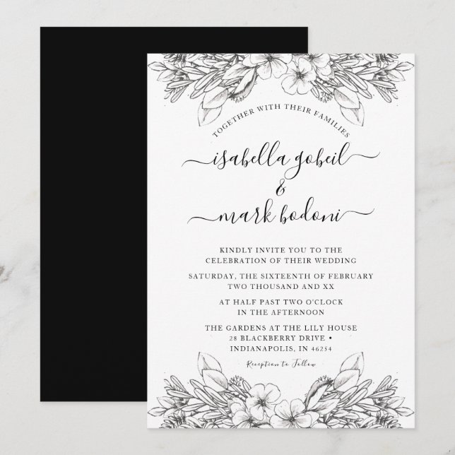 Invitation Rustique croisé floral noir & blanc Mariage (Devant / Derrière)