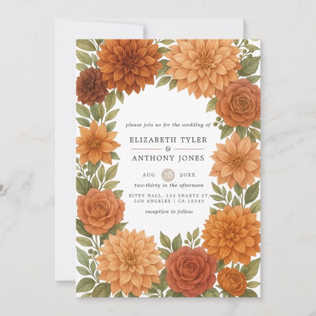 Invitation Rustique Dahlia Earthy Fall Tones Mariage d'aquare (Devant)
