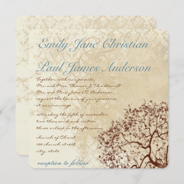 Invitation Rustique Damask Brown Tree Turquoise Font Wedding  (Devant / Derrière)