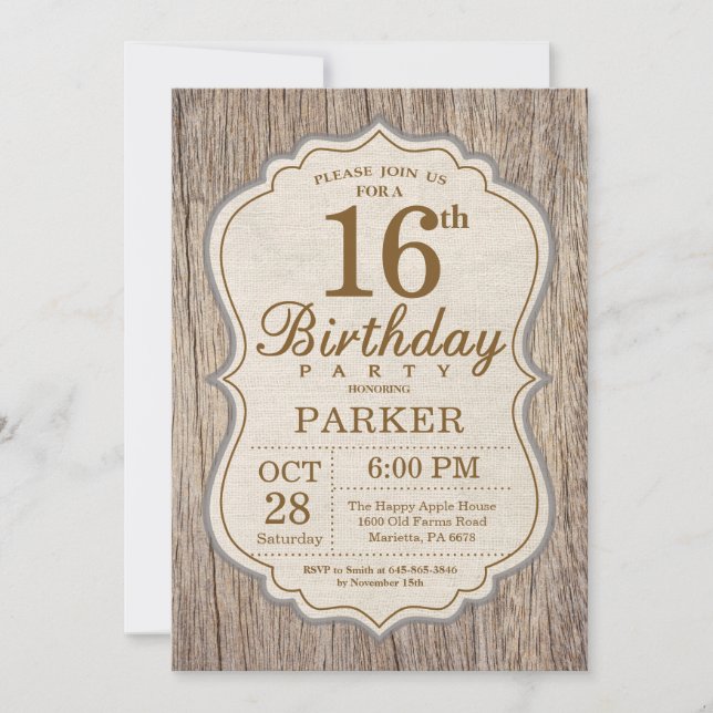 Invitation rustique de 16 ans en bois (Devant)