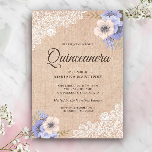 Invitation Rustique dentelle de jute fleurs violettes Quincea