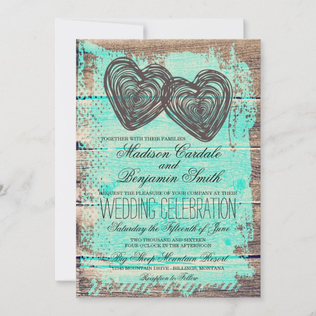 Invitation Rustique Deux Coeurs Grange Bois Aqua Mariage Invi (Devant)