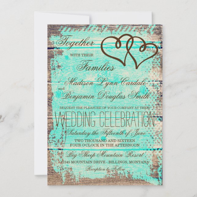 Invitation Rustique Double Coeurs Aqua Wood Wedding Invite (Devant)