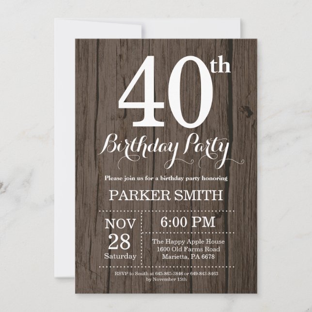 Invitation Rustique du 40e anniversaire (Devant)