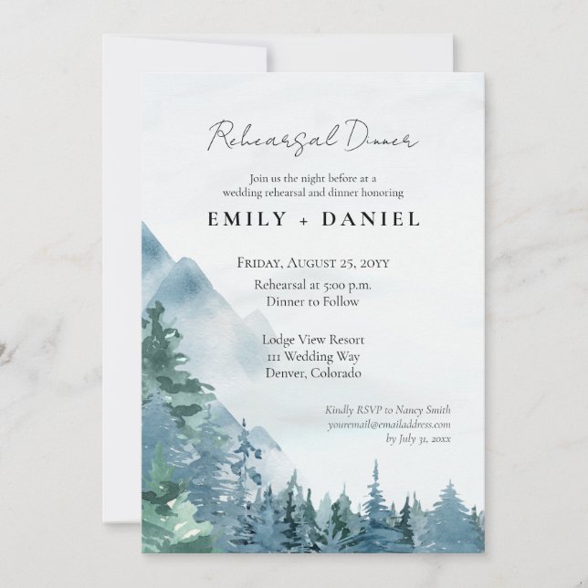 Invitation Rustique Dusty Blue Aquarelle Mariage (Devant)