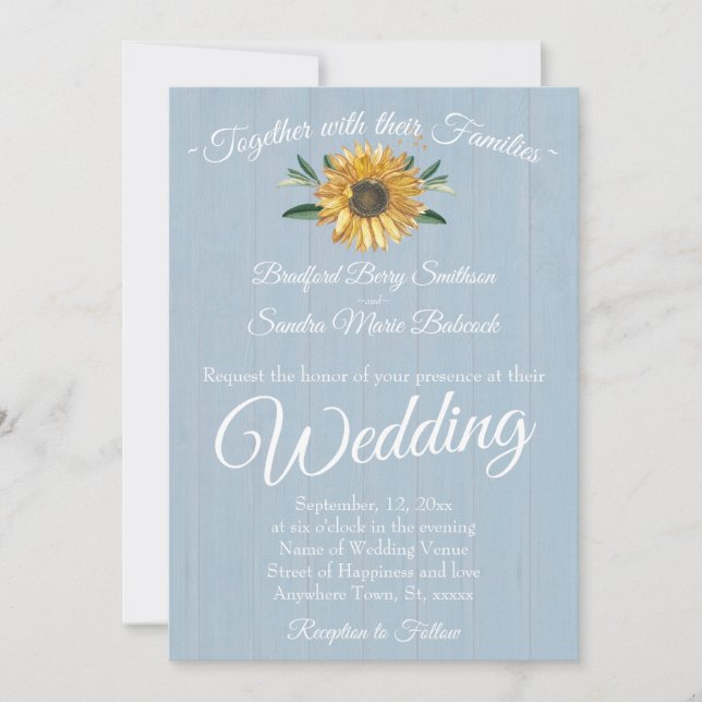 Invitation Rustique Dusty Blue Barn Wood, Sunflower Mariage I (Devant)