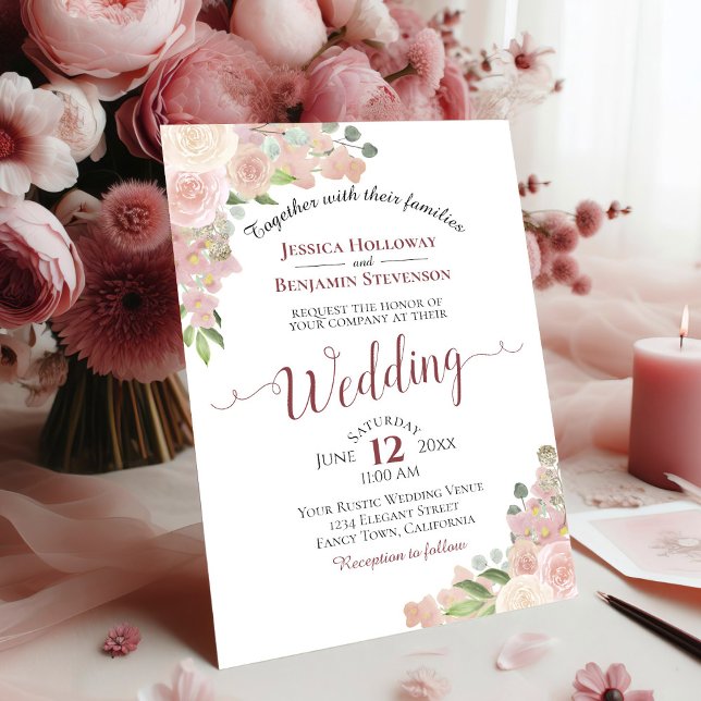 Invitation Rustique Dusty Rose Aquarelle Floral Blanc Mariage (In Situ with Flowers)