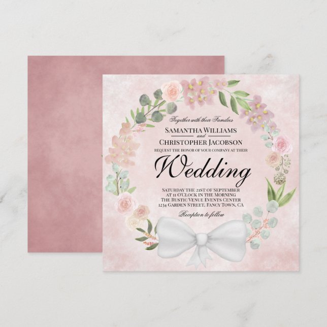 Invitation Rustique Dusty Rose Aquarelle Mariage de couronnes (Devant / Derrière)