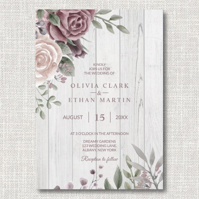 Invitation Rustique Dusty Rose Floral Bouquet Bois (Créateur téléchargé)