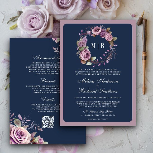 Invitation Rustique Dusty violet Floral Navy QR Code Mariage (Créateur téléchargé)