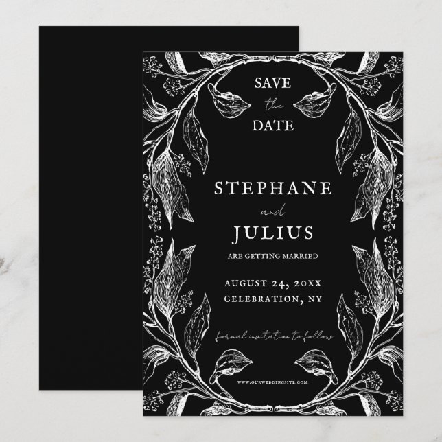 Invitation Rustique Elegant Black Floral Enregistrer la date (Devant / Derrière)