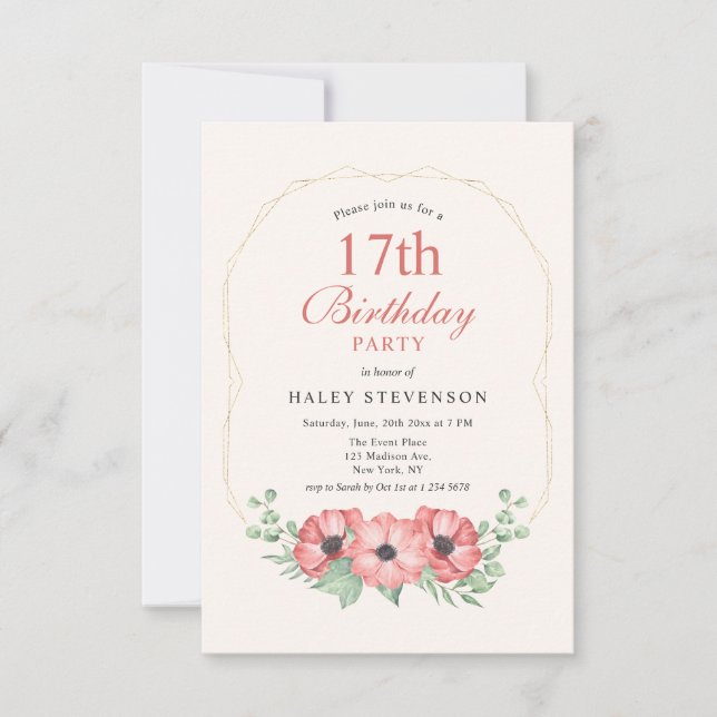 Invitation Rustique Elégant Blush rose Floral 17e anniversair (Devant)