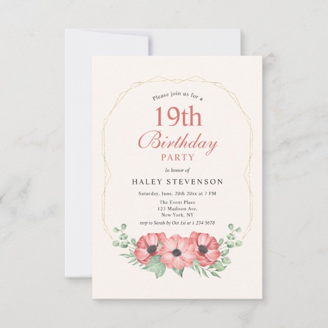 Invitation Rustique Elégant Blush rose Floral 19e anniversair (Devant)