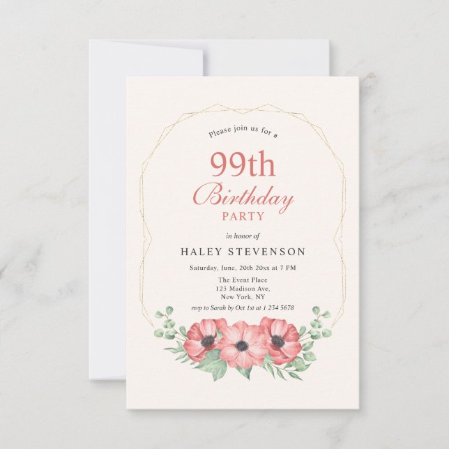 Invitation Rustique Elegant Blush Rose Floral 99e anniversair (Devant)