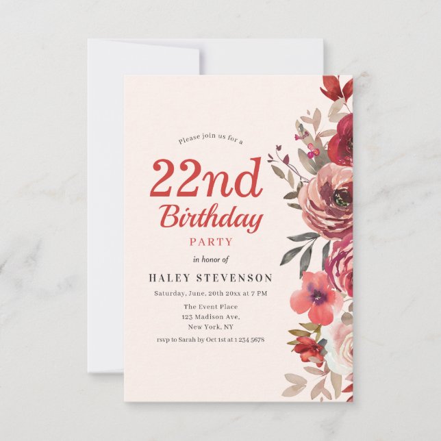 Invitation Rustique Elegant Boho Chic Floral 22e anniversaire (Devant)
