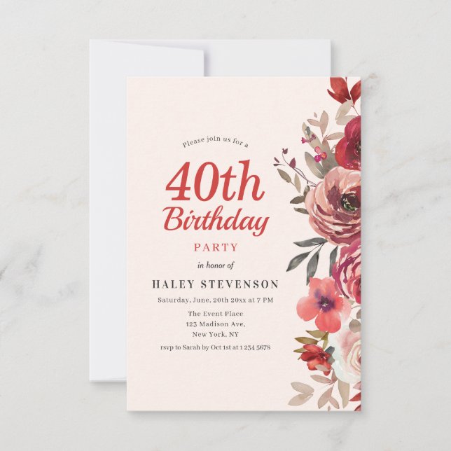 Invitation Rustique Elegant Boho Chic Floral 40e anniversaire (Devant)