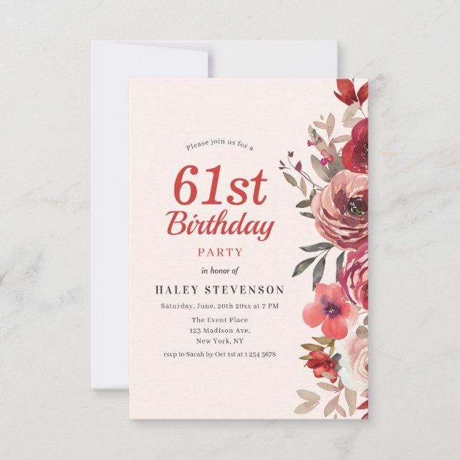 Invitation Rustique Elegant Boho Chic Floral 61e anniversaire (Devant)