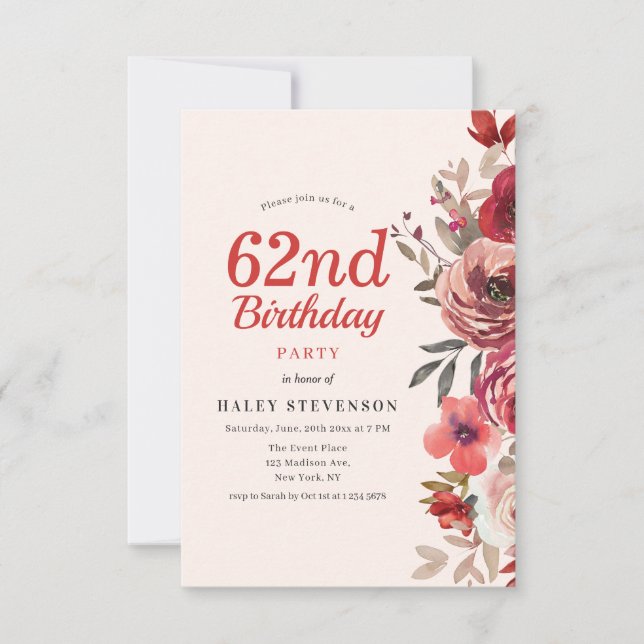 Invitation Rustique Elegant Boho Chic Floral 62e anniversaire (Devant)