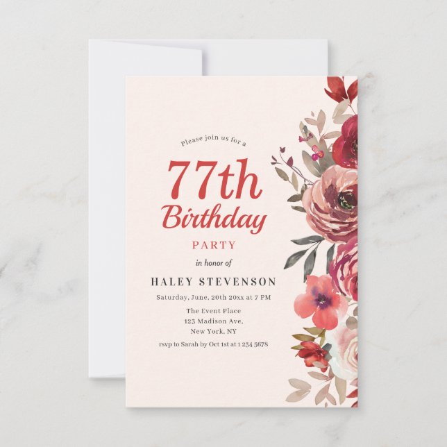 Invitation Rustique Elegant Boho Chic Floral 77e anniversaire (Devant)