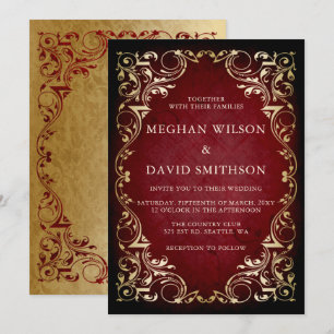 Invitation Rustique Élégant Mariage d'or rouge ornemental