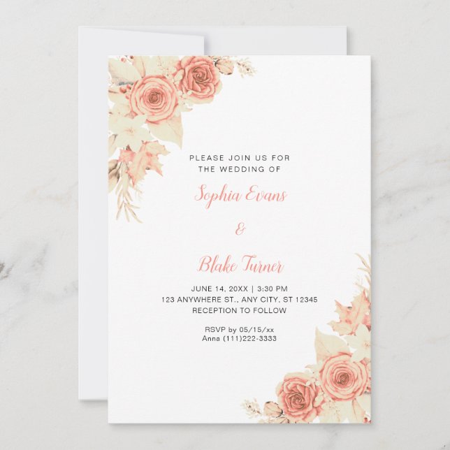Invitation Rustique Elegant Roses Orange Chute Mariage blanc (Devant)