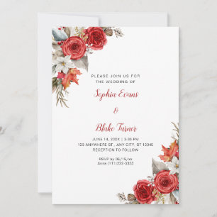 Invitation Rustique Élégant Roses Rouge Chute Mariage blanc