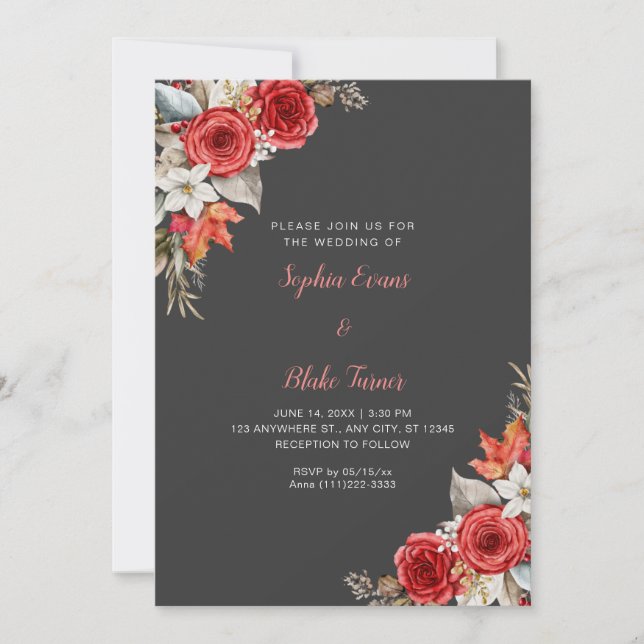 Invitation Rustique Elégant Roses Rouges Automne gris ombre M (Devant)