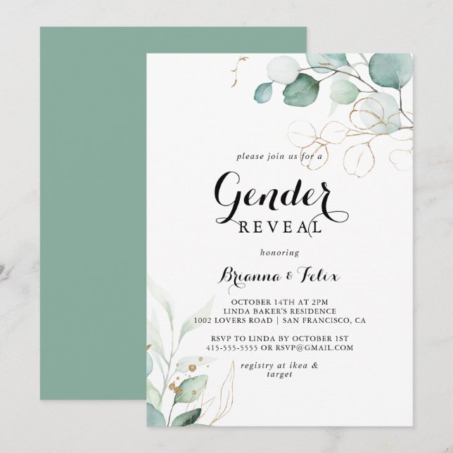 Invitation Rustique Eucalyptus Gold Floral Genre Reveval Part (Devant / Derrière)