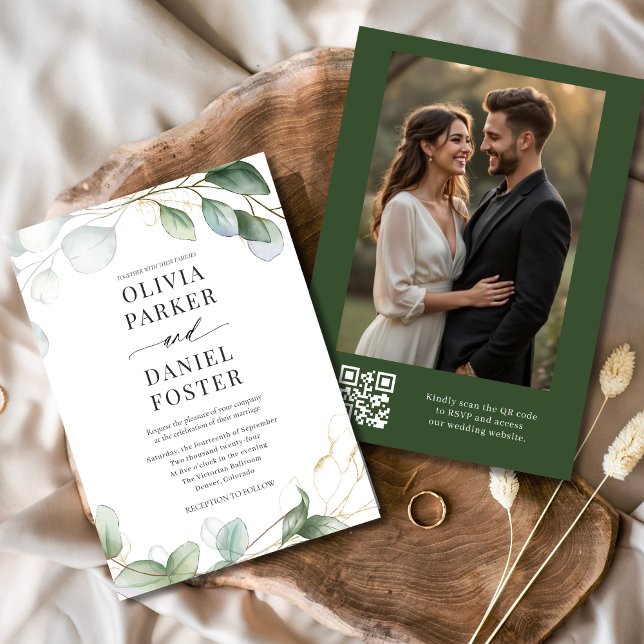 Invitation Rustique Eucalyptus QR Code Photo Mariage de verdu (Créateur téléchargé)