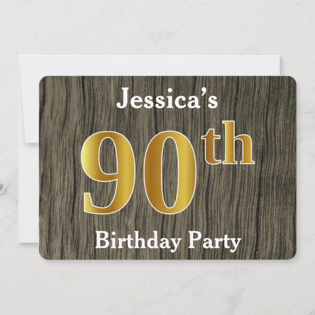 Invitation Rustique, Faux Gold 90e fête d'anniversaire; Nom p (Devant)