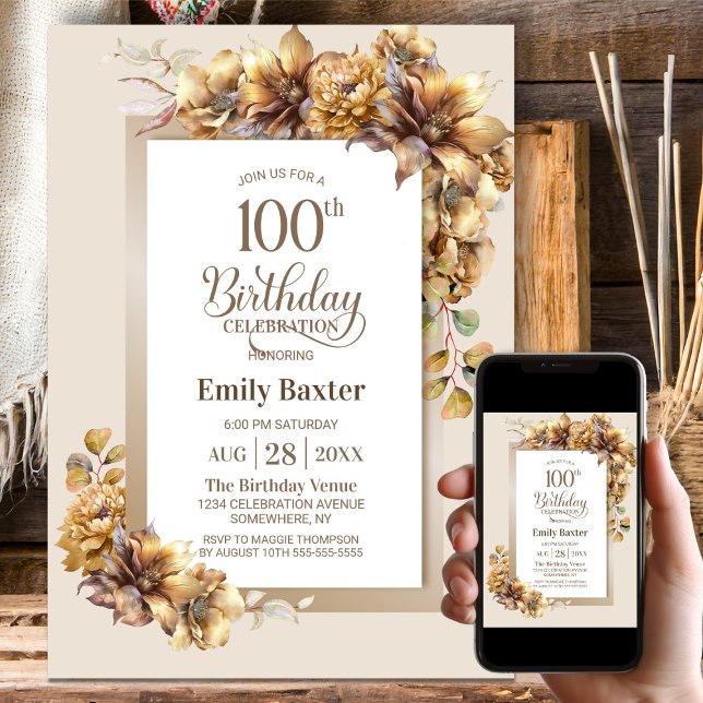 Invitation Rustique Floral 100e fête d'anniversaire (Créateur téléchargé)