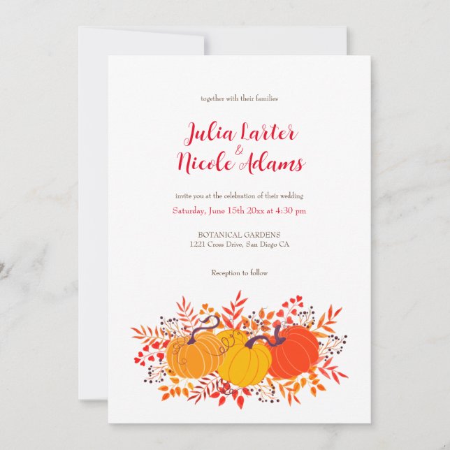Invitation Rustique Floral Automne Citrouille Mariage bois (Devant)