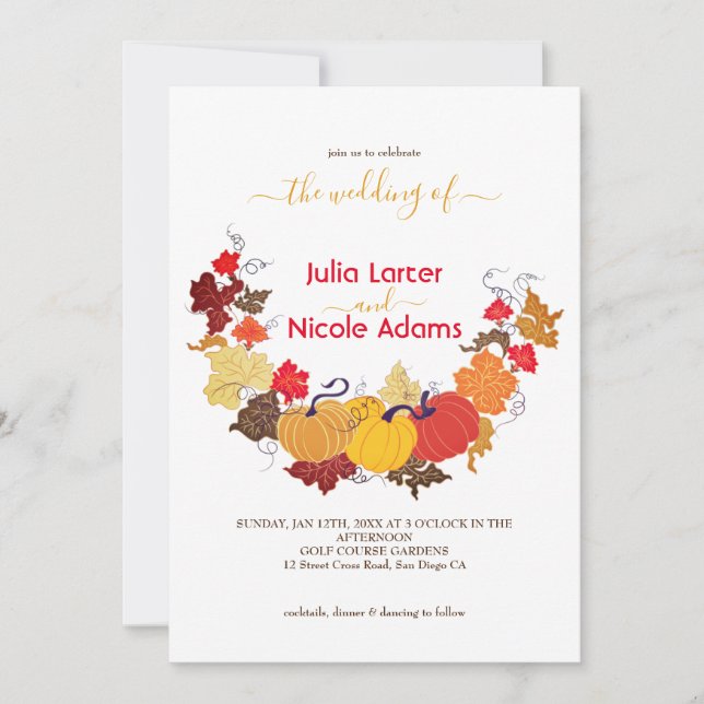 Invitation Rustique Floral Automne Citrouille Mariage bois (Devant)