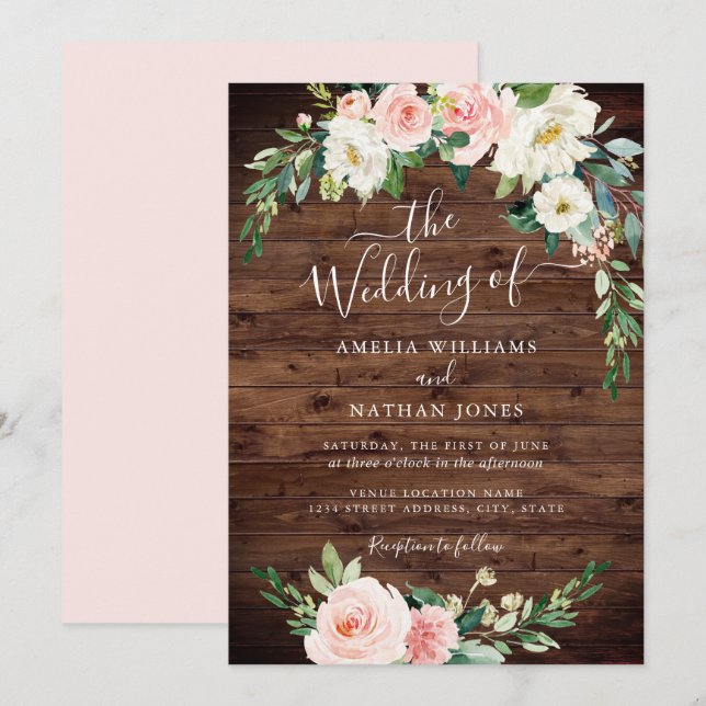 Invitation Rustique Floral Blush Gold Wreath Mariage (Devant / Derrière)