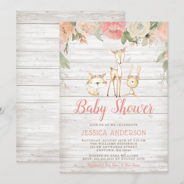 Invitation Rustique Floral Bois Animaux Fille Baby shower (Devant / Derrière)