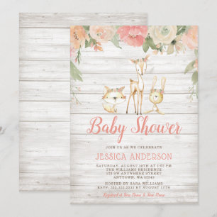Invitation Rustique Floral Bois Animaux Fille Baby shower