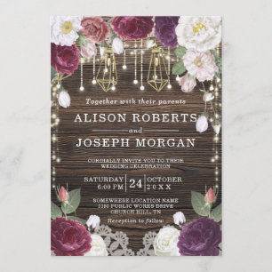 Invitation Rustique Floral Bois String lumières Mariage