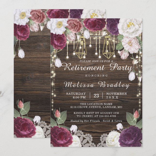 Invitation Rustique Floral Chaîne Lumières Parti de retraite (Devant / Derrière)
