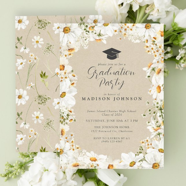 Invitation Rustique Floral Daisy Aquarelle Partie de Graduati (Graduation Party Invitation)