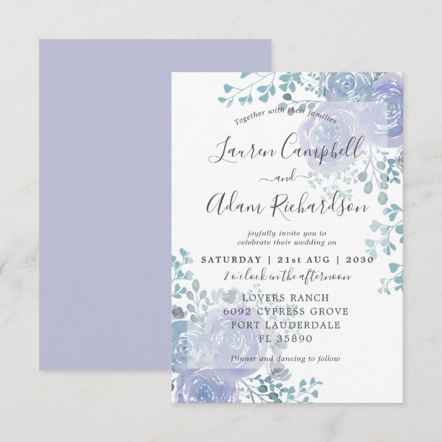 Invitation Rustique Floral Dusty bleu & violet Mariage Invita (Devant / Derrière)