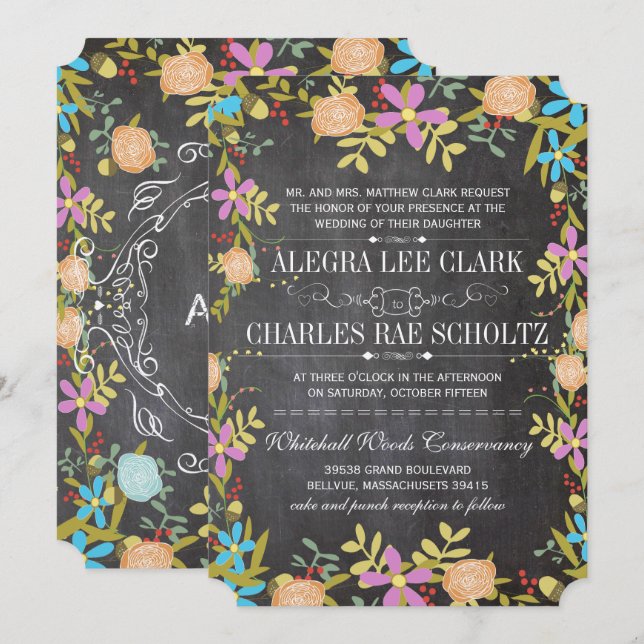 Invitation Rustique Floral Garland Chalkboard Mariage (Devant / Derrière)