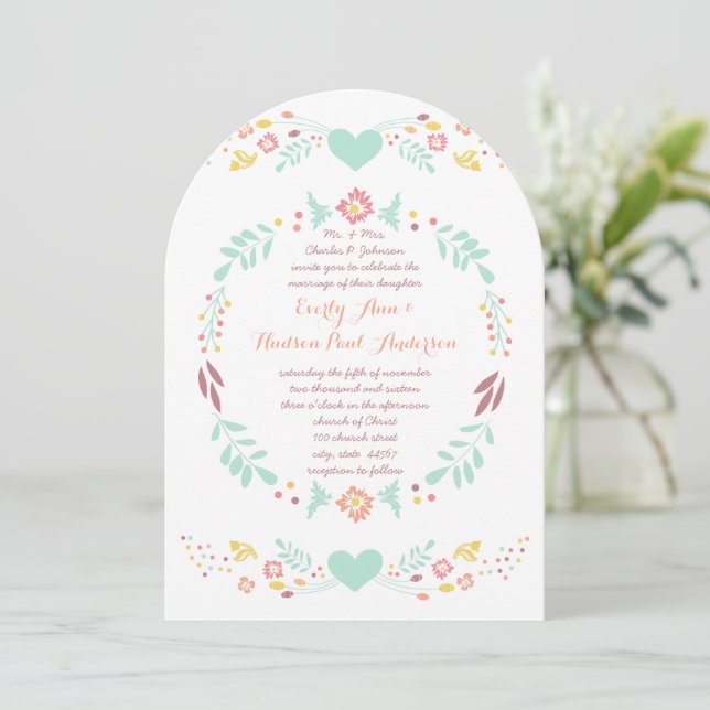 Invitation Rustique Floral Garland Folk Art Marsala Mariage (Debout devant)