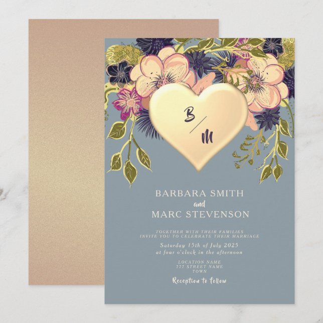 Invitation Rustique Floral Heart Gold Dusty Blue Wedding Invi (Devant / Derrière)